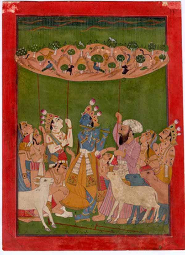 Miniature painting: Krishna lifting Mt. Govardhana