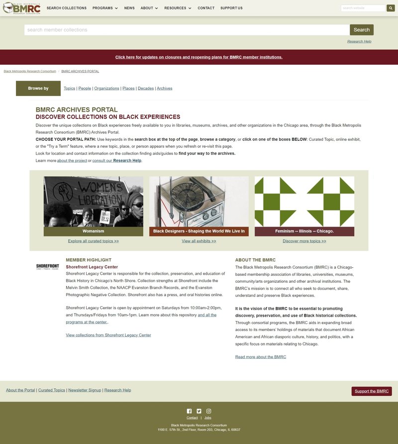 Screenshot of BMRC Archives Portal homepage
