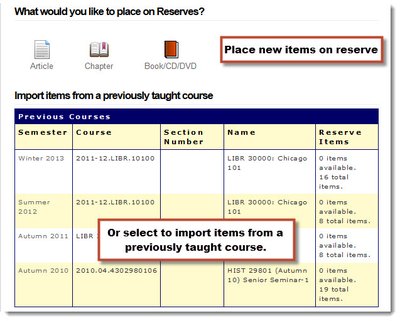 Screenshot of the Add Reserve Items menu in Library Reserves. The top half shows links to add a new Article, Chapter, or Book/CD/DVD, and the bottom half lists previous courses for the Import tool.