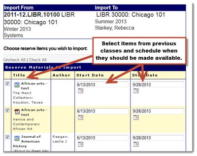 Screenshot of the "Import" tool in the Library Reserves software, noting the boxes for select item and availability start/stop dates.