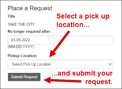 Place Hold Request Screen with instructions to select pickup location and then click submit request button.