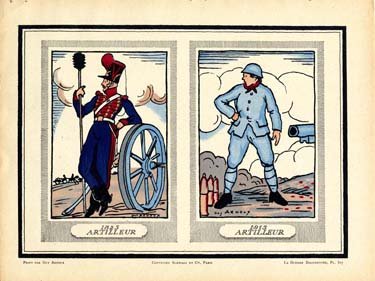 An elaborately-dressed soldiers lounges on a wagon wheel, while a more plainly-dressed one stands next to a cannon.