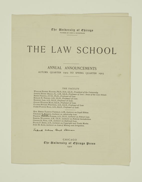 Front page of announcements with "The Law School" as a header