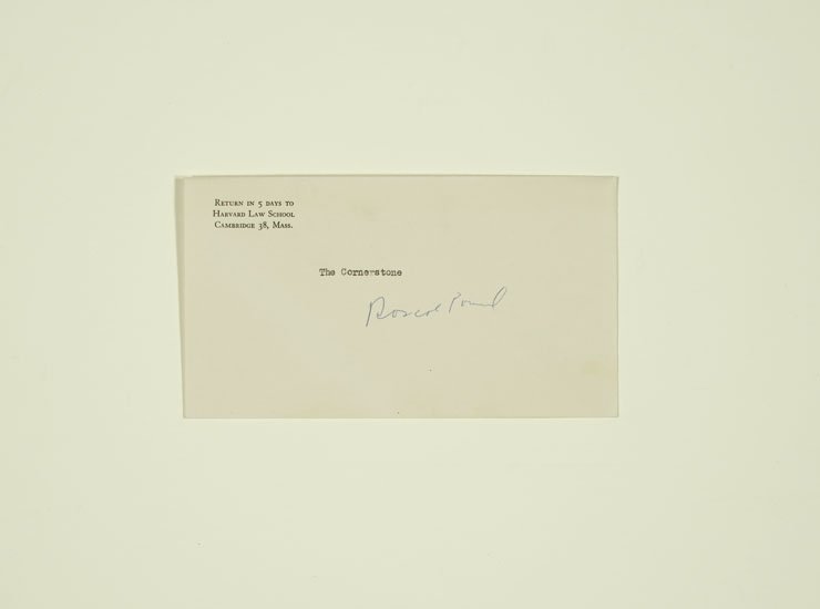 Letter from Harvard Law School with "The Cornerstone" typed and Pound's signature on the front