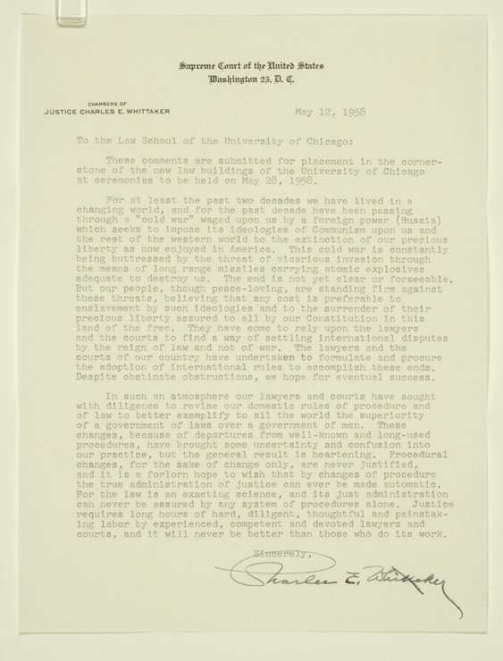 Letter on letterhead from Chambers of Justice Charles E. Whitaker
