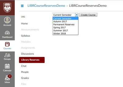 Screenshot of the Library Reserves submenu for selecting a quarter in Canvas