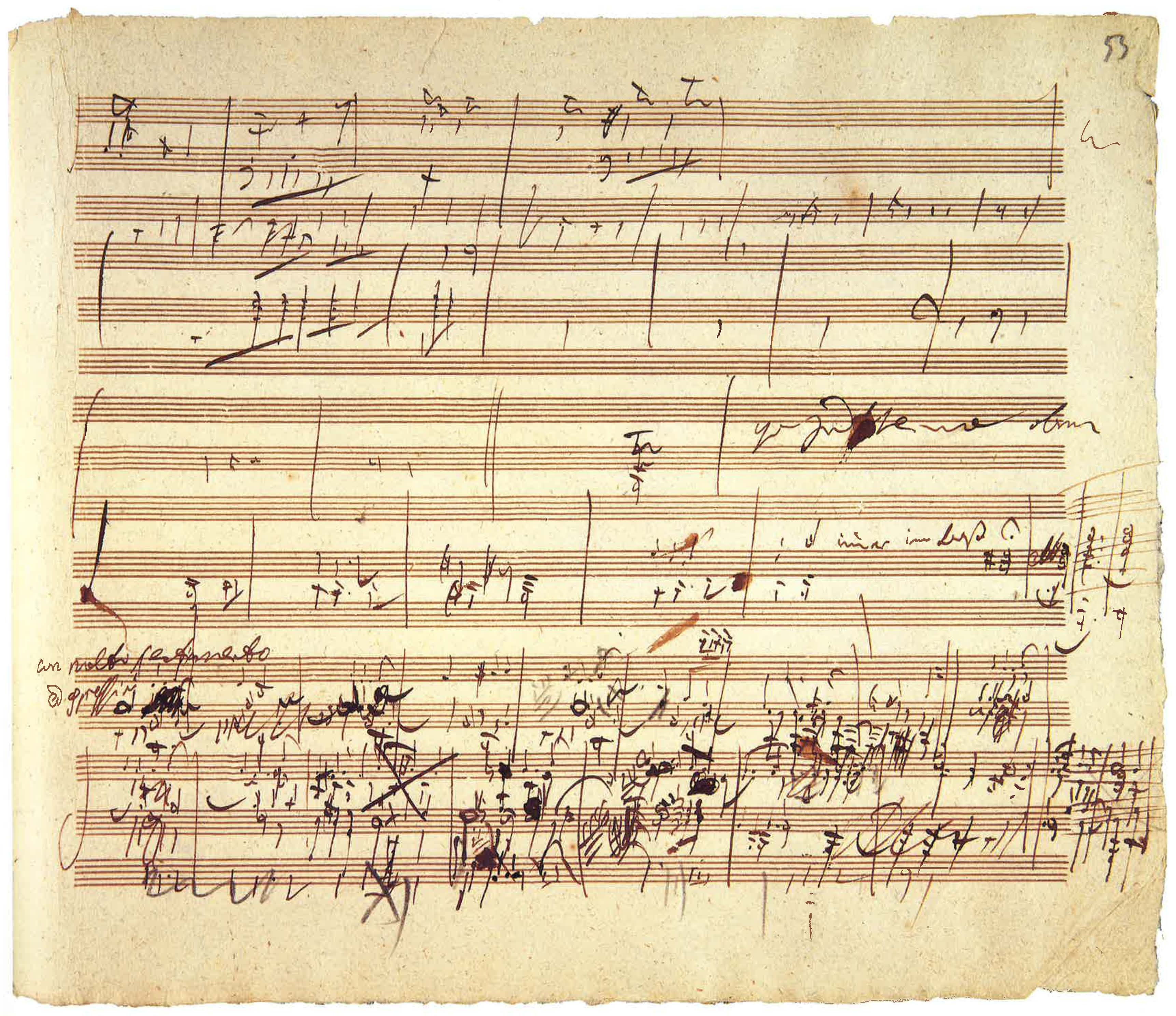 A yellowed page of music score with scrawled notes at the bottom.
