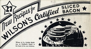 A book cover with the illustration of a large round building captioned "Wilson & Co. Exhibit Building."