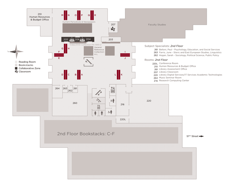 Floor map of 2nd Floor Reading Room rental locker locations