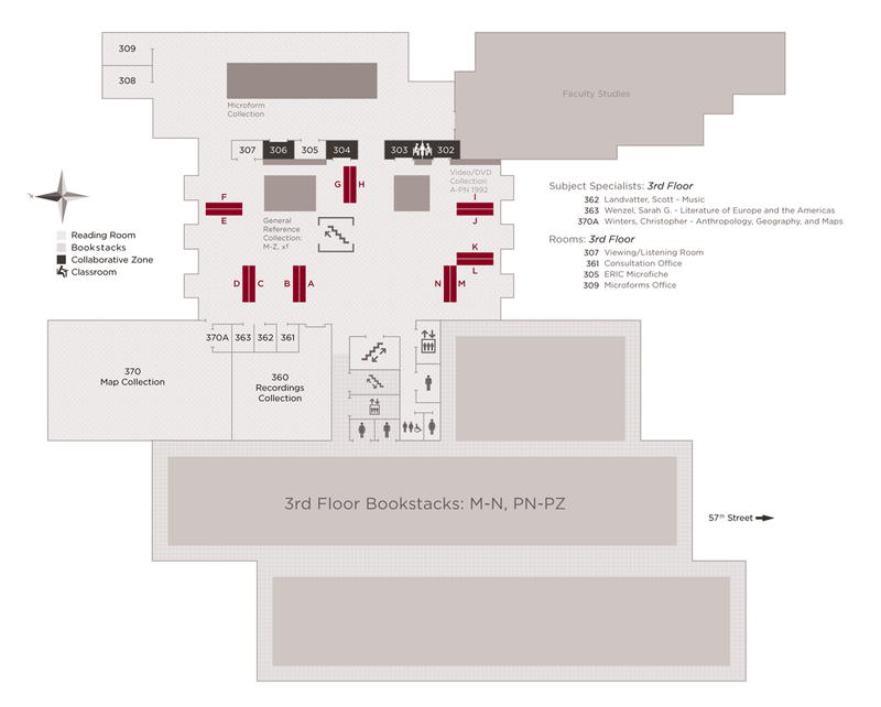 Floor map of 3rd Floor Reading Room rental locker locations