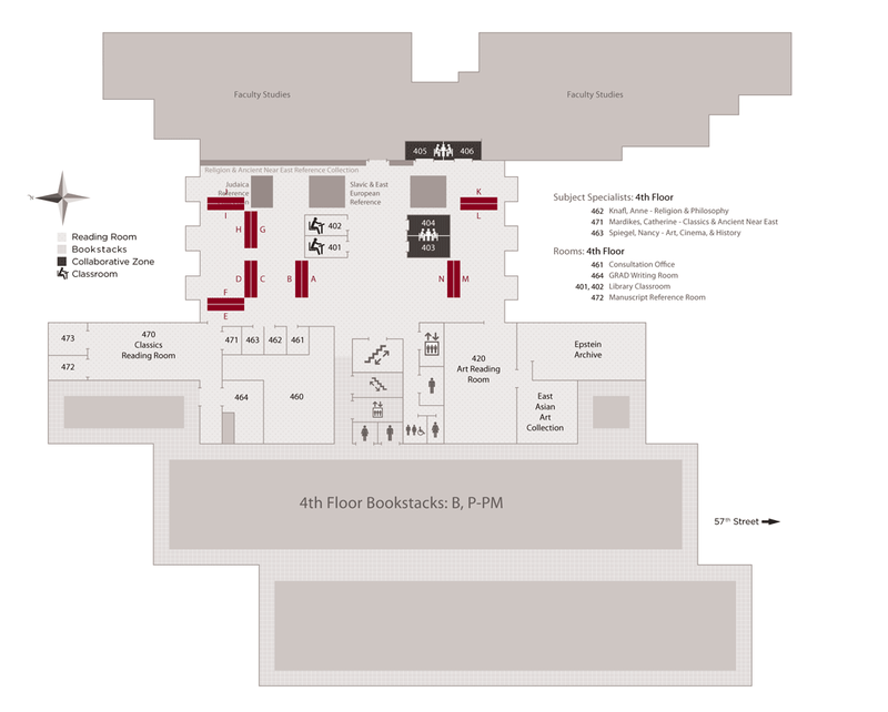 Floor map of 4th Floor Reading Room rental locker locations