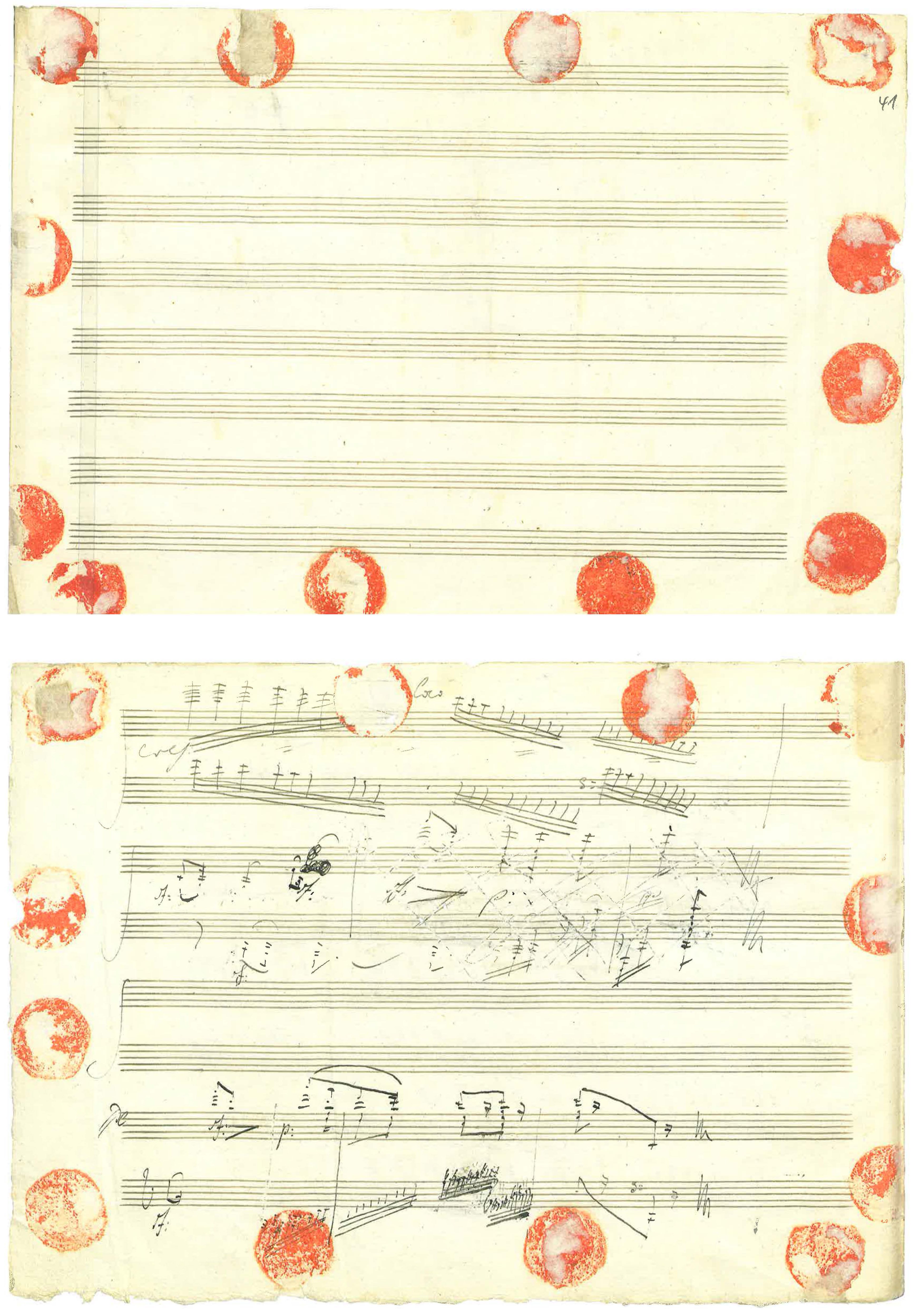 A messy handwritten music score is ringed by orange circles.