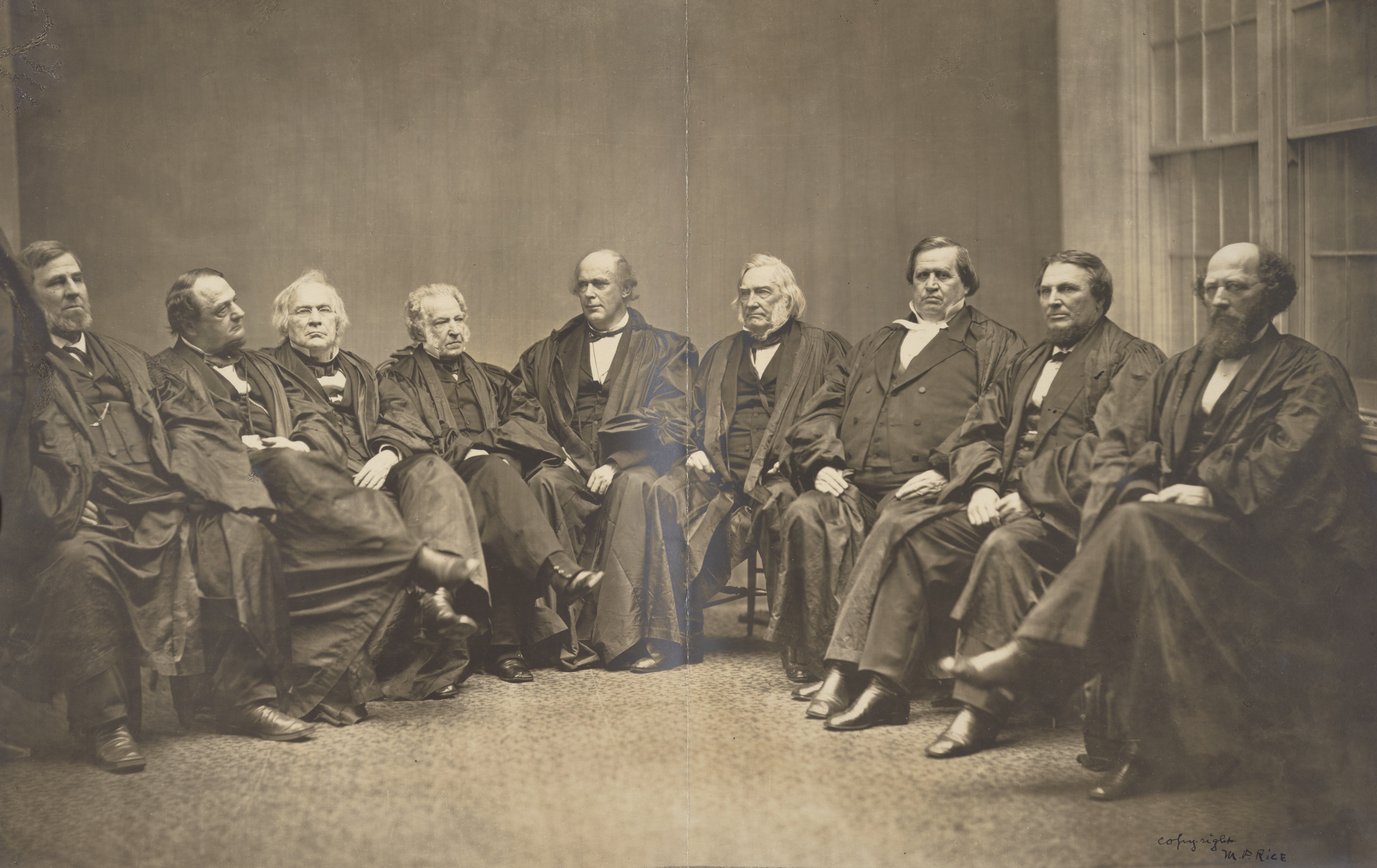 Digital image of Photograph of the Chase Court: From left: Clerk D.W. Middleton [standing, cropped out of the print], Justices Davis, Swayne, Grier, Wayne, Chief Justice Chase, Justices Nelson, Clifford, Miller, and Field.