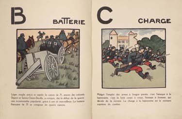 An alphabet book matching the letter B with "batterie" (cannons) and C with "charge" (soldiers charging).