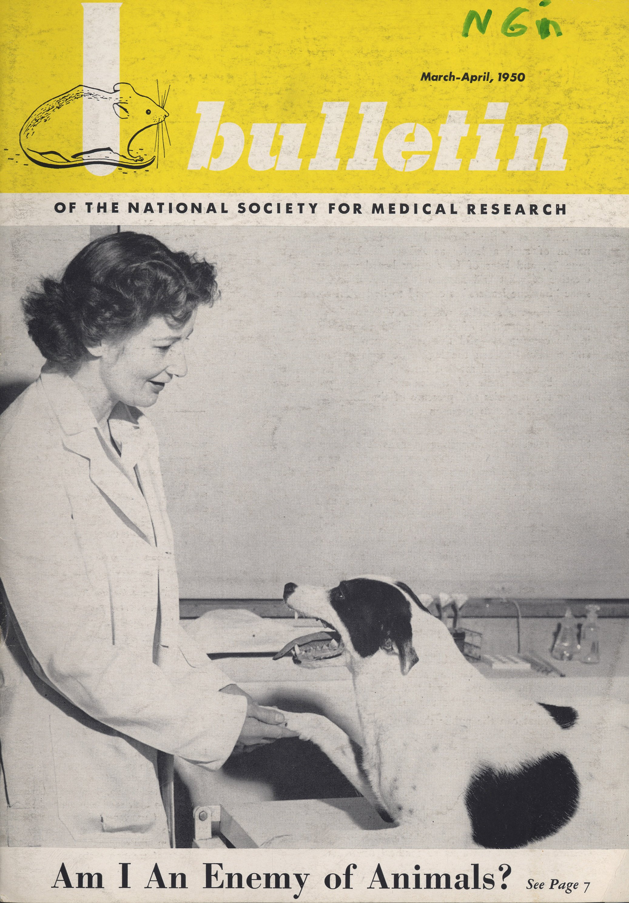 Image of woman in white coat with dog on cover of the Bulletin of the National Society for Medical Research