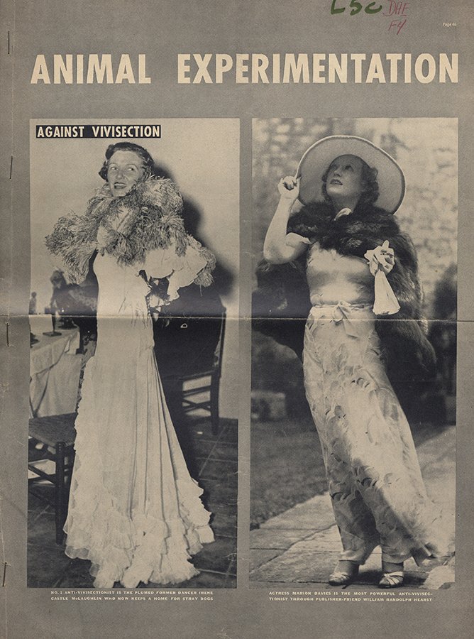 Two women in gowns, text: Animal Experimentation, Against Vivisection