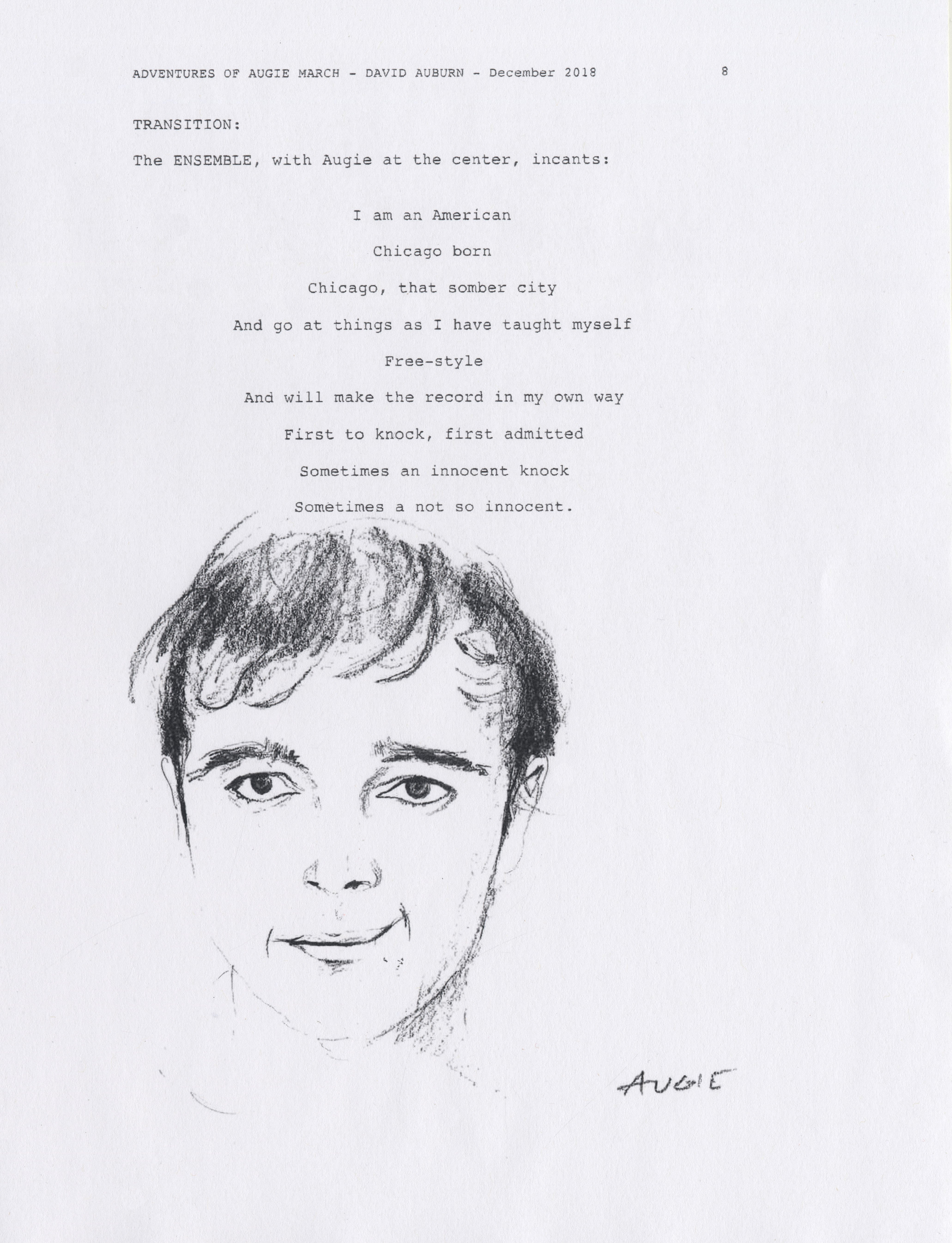 A sketch of a  head on a page from the script of "The Adventures of Augie March"