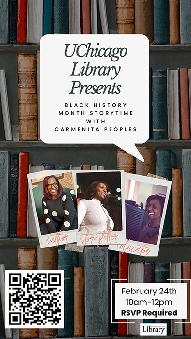 UChicago Library Presents Black History Month Storytime with Carmenita Peoples - photos of books and people