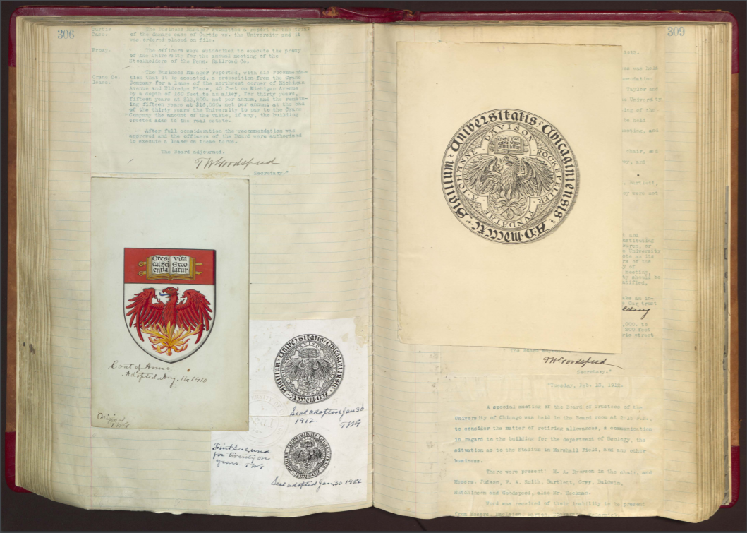Scan of the original drawings of the University Seal and the University Coat of Arms in Vol. 7 of the Board of Trustees minutes, pasted in on pages 306 and 309.
