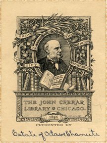 A decorated book cover with the portrait of an older man above the words "The John Crerar Library - Chicago" with a handwritten note at the bottom: "Estate of Octave Chanute."