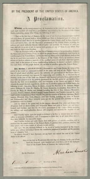 A narrow page full of formal type, reading "A Proclamation" at the top and signed at the bottom by Abraham Lincoln.