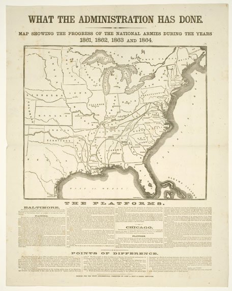 A map of the eastern United States criss-crossed with various lines showing the routes of both Civil War armies between 1861 and 1864.