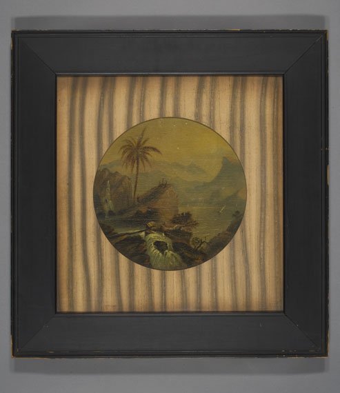 A striped square of cloth with a center illustration of a lush tropical landscape.