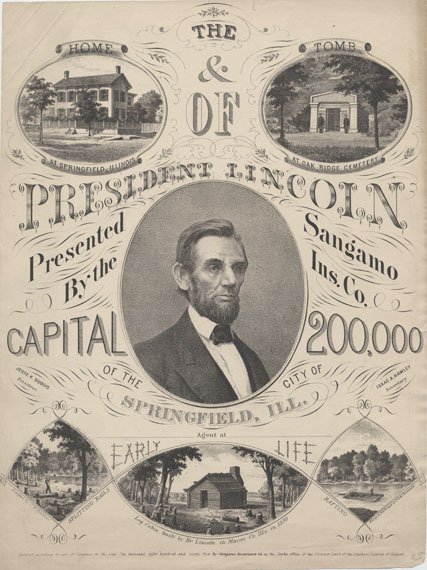 An old advertisement showing Abraham Lincoln and pictures of several buildings -- a log cabin, a stately house, and a mausoleum.
