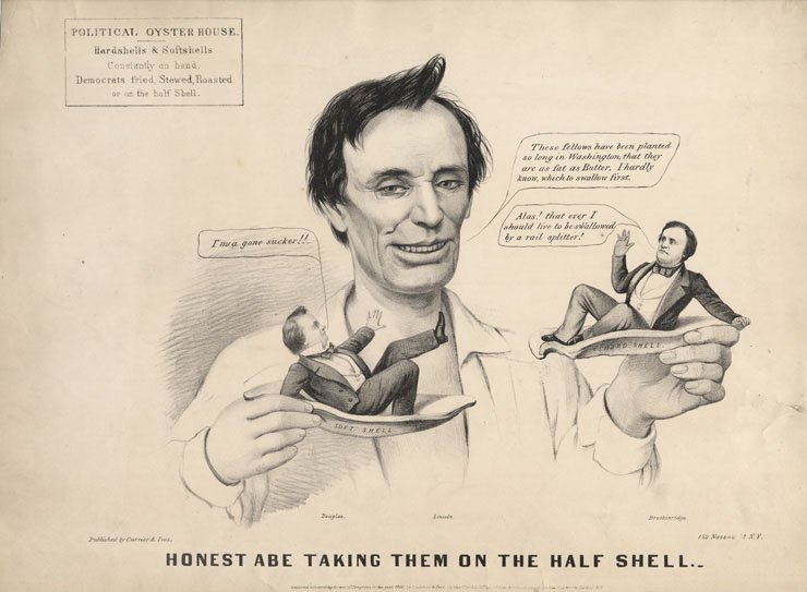 An old cartoon of a giant Abe Lincoln holding two minuscule men in his hands.
