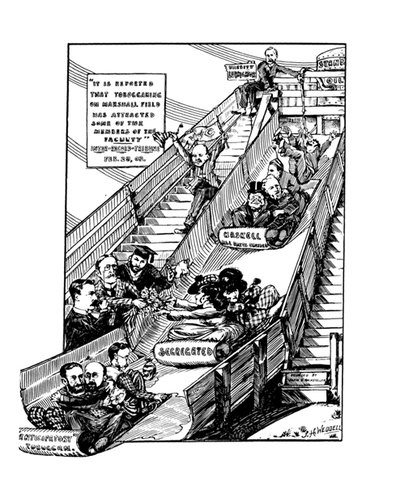 A pencil drawing shows several groups tobogganing down a set of stairs.