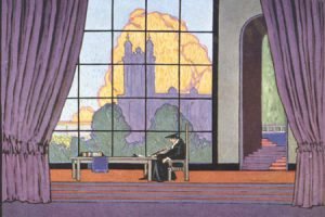 A drawing shows a man seated in a large room whose enormous windows overlook Rockefeller Chapel.