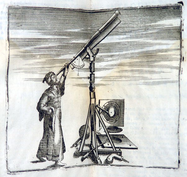 Illustration of man looking through telescope from Coronelli's cosmographic atlas