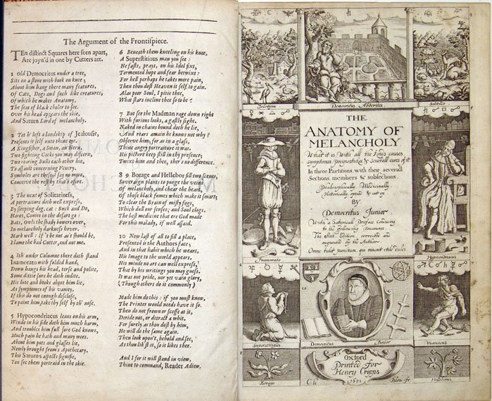 Page spread, showing illustrated Title page, for The Anatomy of Melancholy