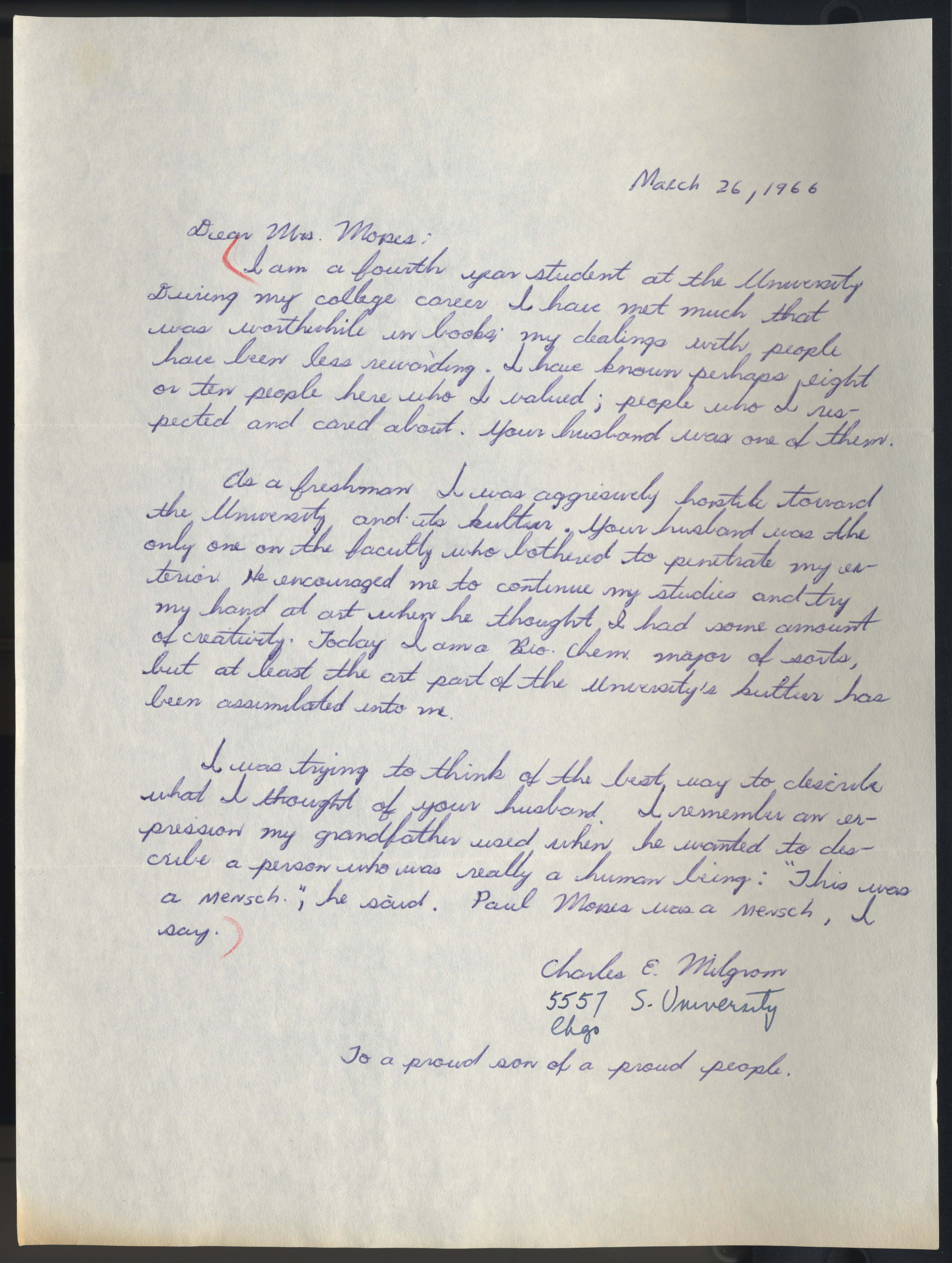 Condolence letter from Charles Milgrom to Alice Moses, 1966