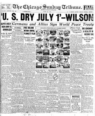 An old newspaper cover with the headline "'U.S. DRY JULY 1' - WILSON"
