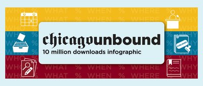 yellow, blue, and red striped background with "chicagounbound 10 million downloads infographic" in black