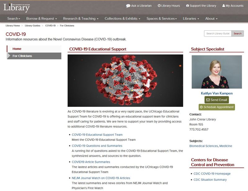 The Clinicians page of the COVID-19 Library Guide