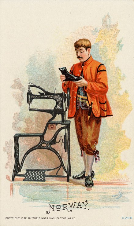 An illustrations of male figure in tradition Norwegian costume standing next to a sewing machine