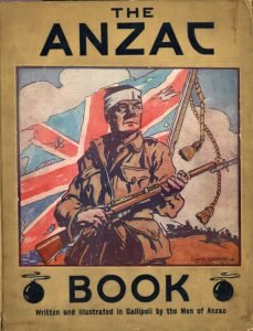 Soldier in front of flag on cover of the Anzac Book