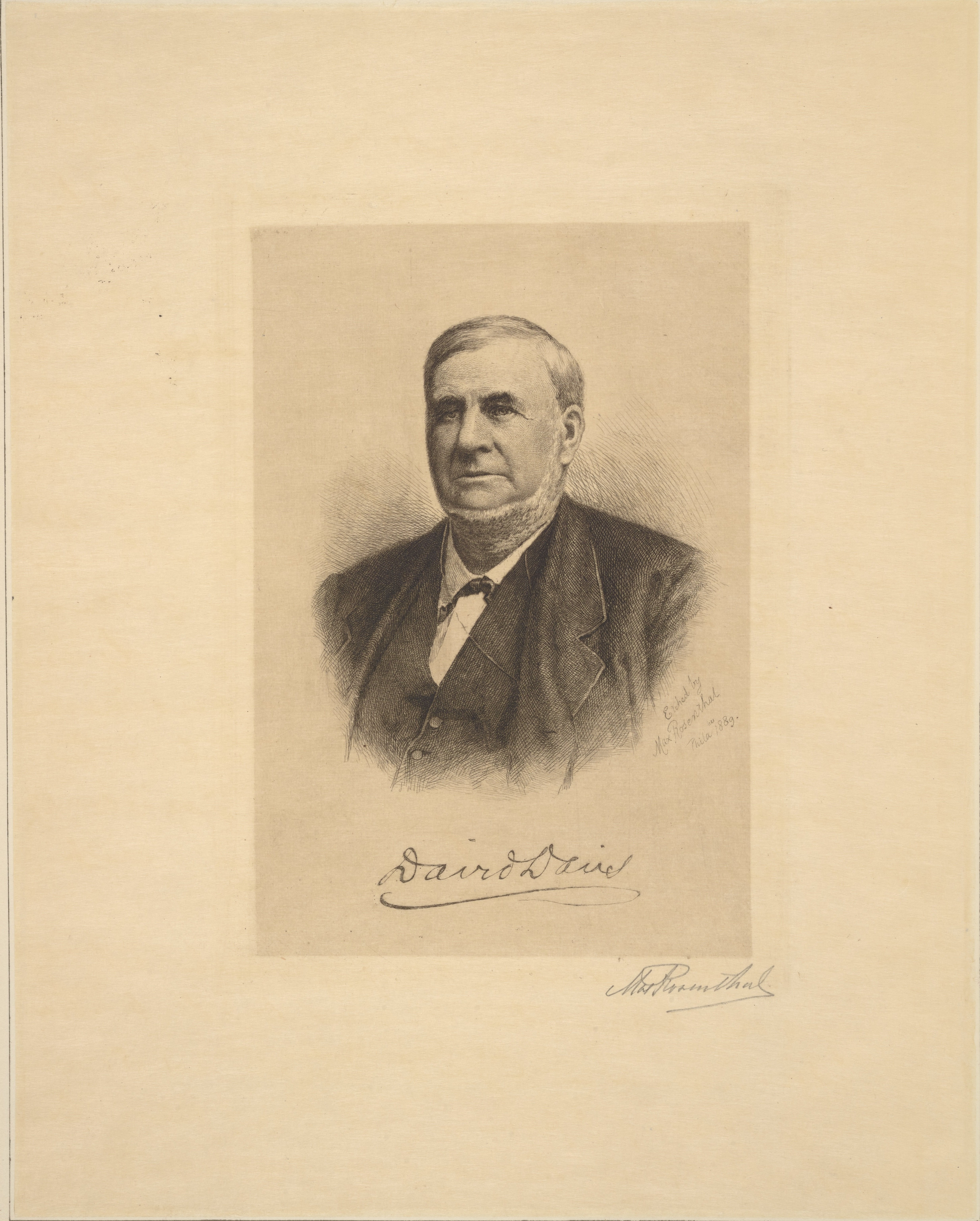 Digital image of print of etched portrait of David Davis by Max Rosenthal, 1889.
