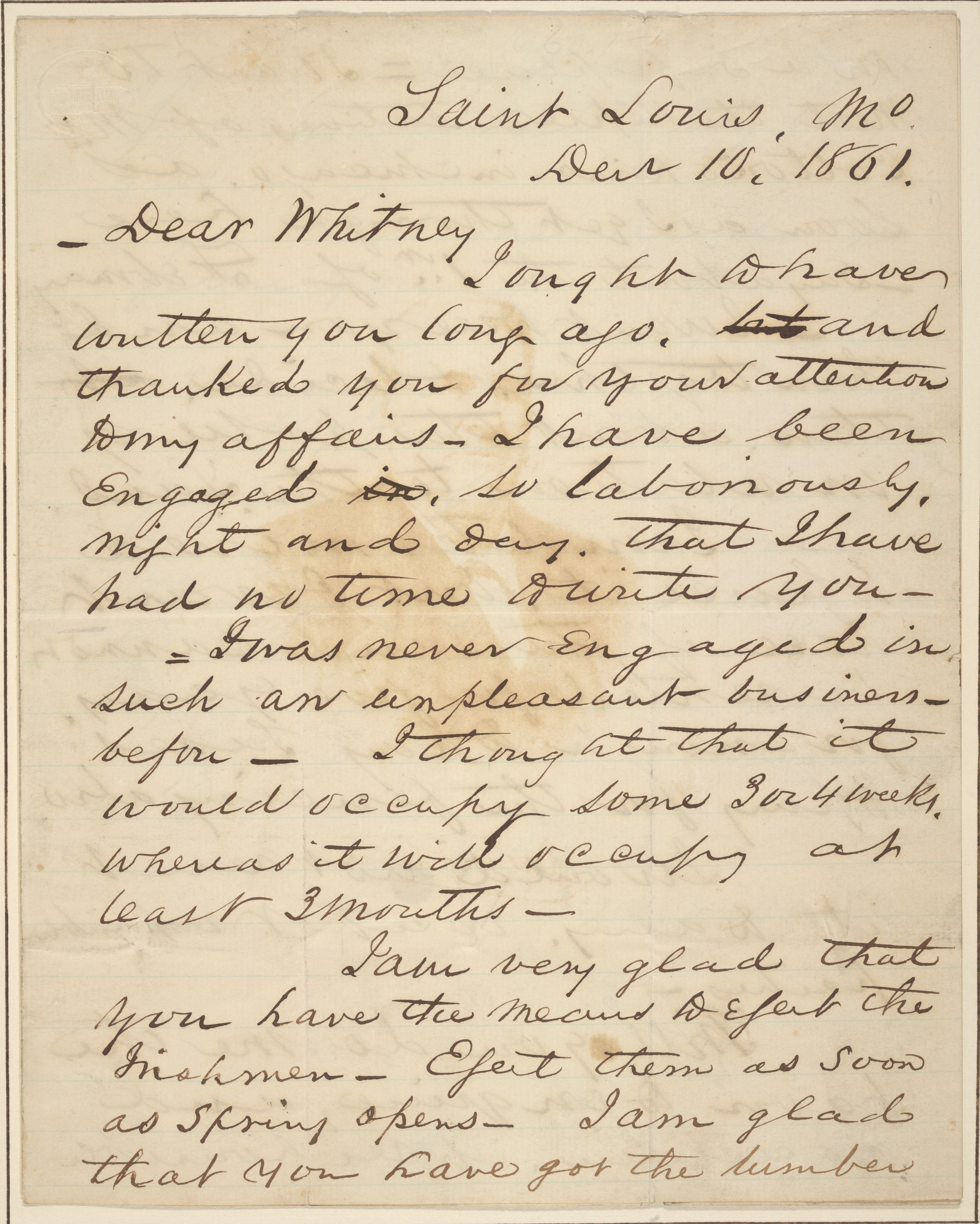 Digital image of handwritten letter from David Davis to Henry Clay Whitney, 10 December 1861, Page 1