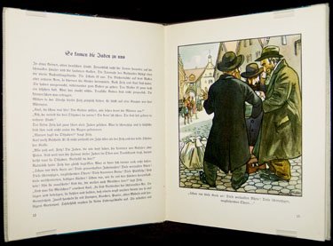 An open book, with text and an image of several men in long coats huddled together.