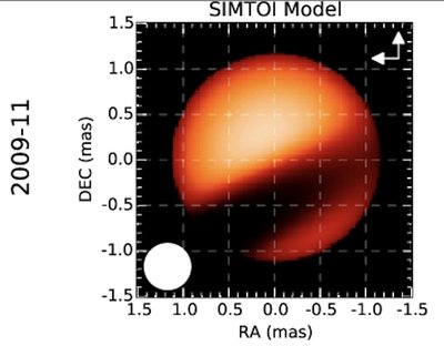 Computer imagery of star epsilon Aurigae in color from SIMTOI model