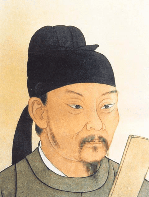 A painting of a man with a goatee and a black cap, holding a board.