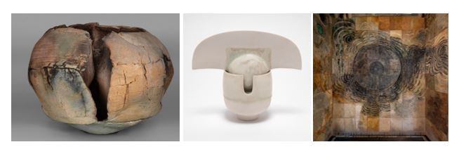 A stoneware pot, porcelain piece and ceramic mural by Ruth Duckworth