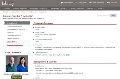 Entrepreneurship and Innovation research guide screenshot