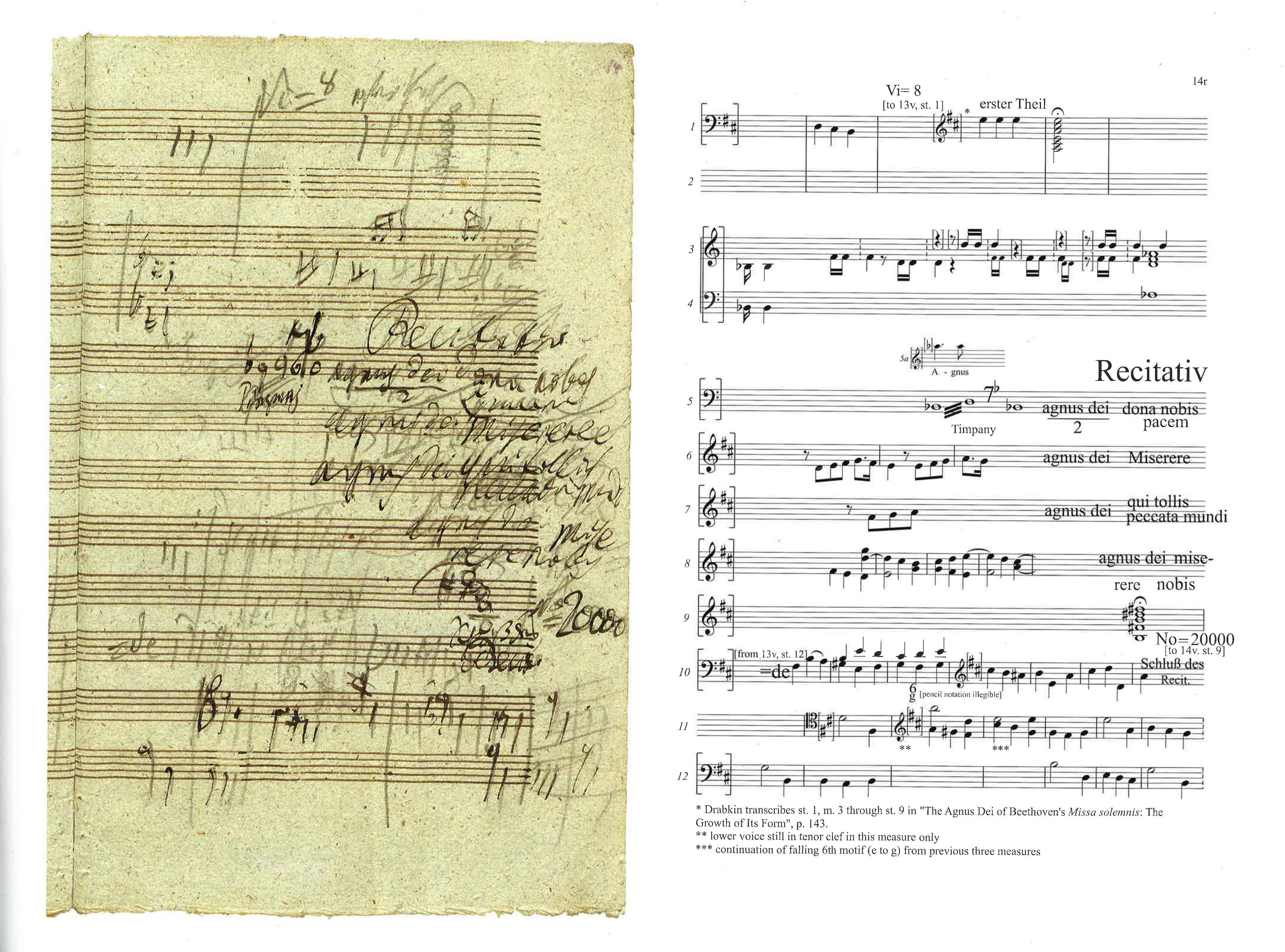 Two pages of sheet music, the one on the left yellowed and handwritten, the one on the right white and typed.