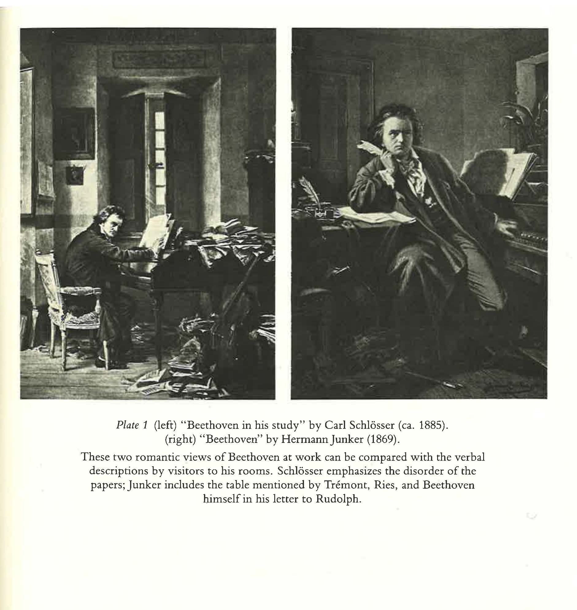 Two black-and-white drawings show a man with wild hair writing music scores with a quill, at a piano overflowing with papers.