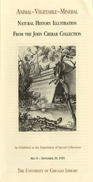 A cover sheet with the drawing of a stone structure, with a Latin inscription, shrouded by flowers, reeds, and animals.