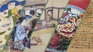 Collage of paintings with food being served